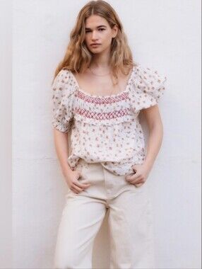 NWOT SOMNER FRIDA ECRU Floral Smocked Babydoll Top - Rust Floral Print